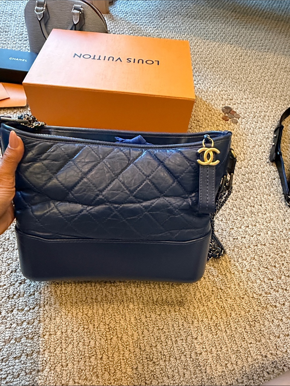 CHANEL Navy Quilted Lambskin Crossbody Bag with Gold CC Charm